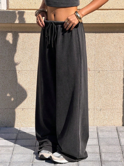 Muchica Women's Casual Low-Rise Straight-Leg Sweatpants,Retro Washed Wide-Leg Pants,Drawstring Black Pants For Winter Date,Cotton Sportswear, Pants