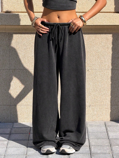 Muchica Women's Casual Low-Rise Straight-Leg Sweatpants,Retro Washed Wide-Leg Pants,Drawstring Black Pants For Winter Date,Cotton Sportswear, Pants