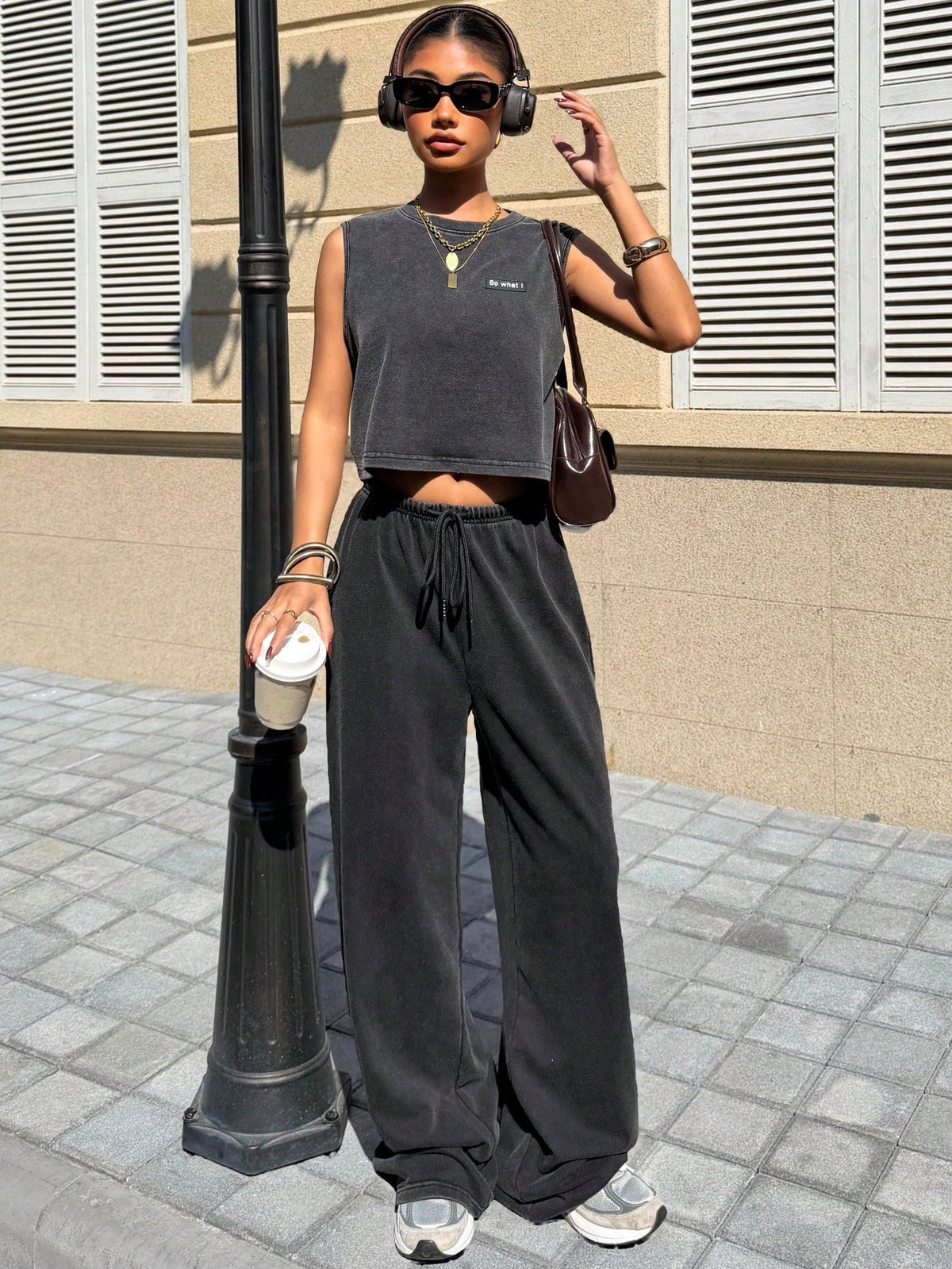Muchica Women's Casual Low-Rise Straight-Leg Sweatpants,Retro Washed Wide-Leg Pants,Drawstring Black Pants For Winter Date,Cotton Sportswear, Pants