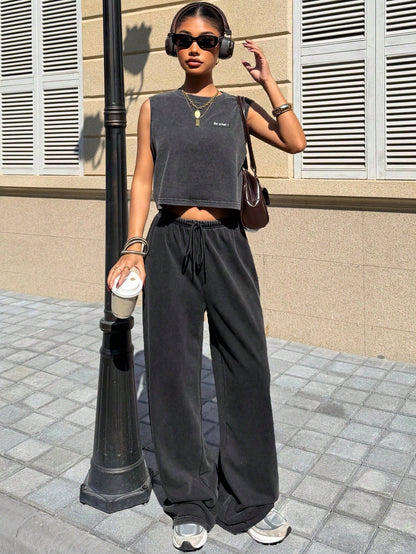 Muchica Women's Casual Low-Rise Straight-Leg Sweatpants,Retro Washed Wide-Leg Pants,Drawstring Black Pants For Winter Date,Cotton Sportswear, Pants