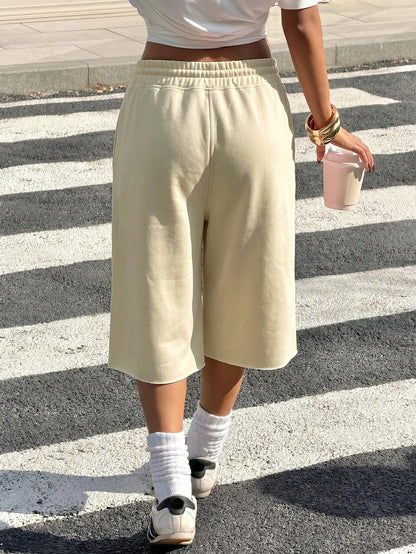 Muchica Women's Leopard Print Drawstring Waist Pocket Casual Streetwear Versatile Daily Wear Wide Leg Shorts,Summer For Women Daily White