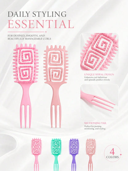 Multi-Color Curly Hair Styling Comb, 2 Spiral Design Curl Definition Detangling Combs, Round Head Pin Comb, Flexible Open Back Design, With 3-Tooth Tail Comb, Suitable For Wet/Dry Hair, Wavy/Curly/Coi