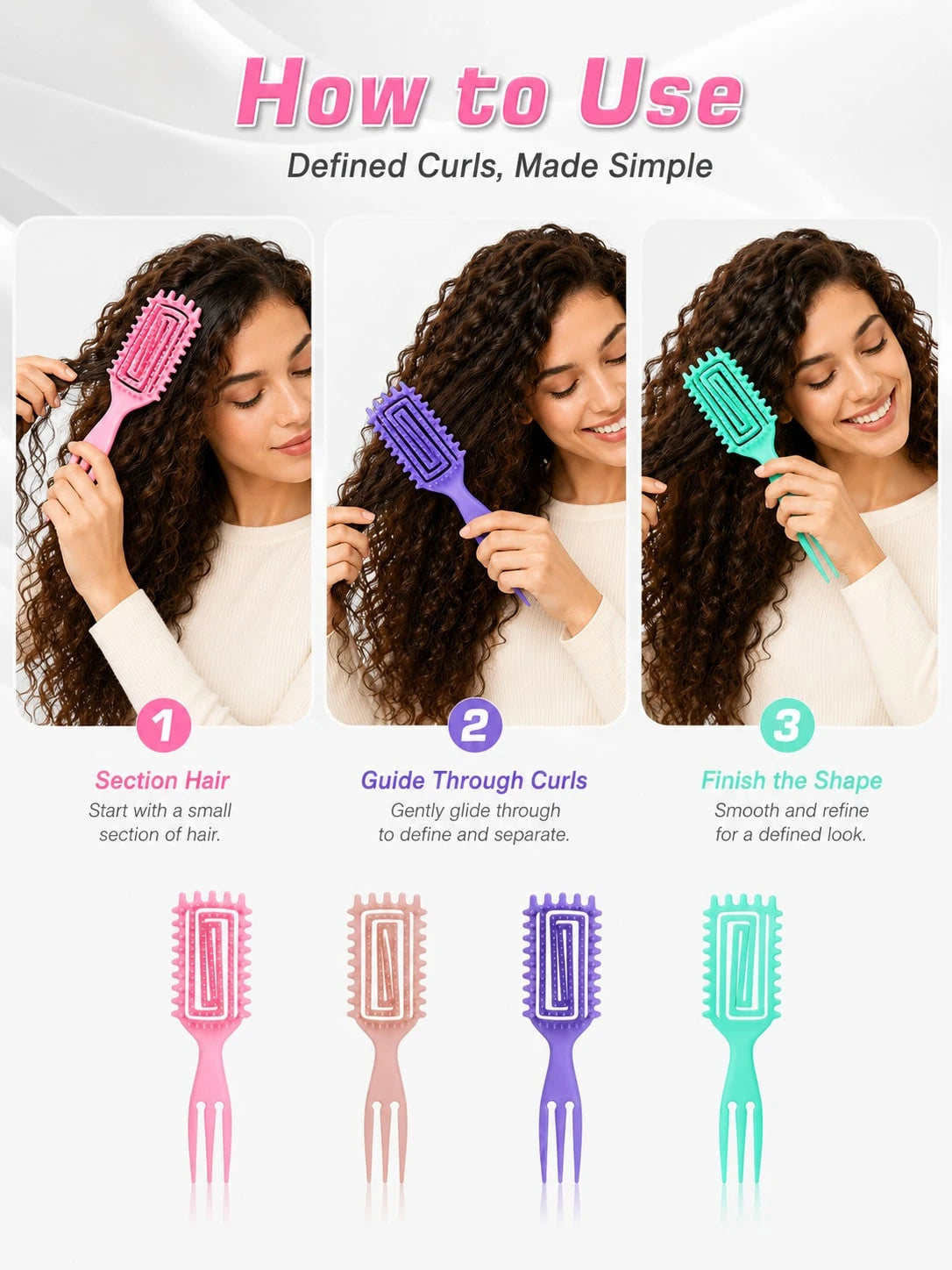Multi-Color Curly Hair Styling Comb, 2 Spiral Design Curl Definition Detangling Combs, Round Head Pin Comb, Flexible Open Back Design, With 3-Tooth Tail Comb, Suitable For Wet/Dry Hair, Wavy/Curly/Coi