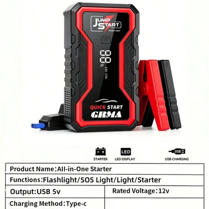Multifunctional Car Emergency Start Power Supply, Portable Car Battery Starter, Digital Display, Suitable For Small Cars Or Trucks, LED Emergency Light, Outdoor Car Emergency Tools
