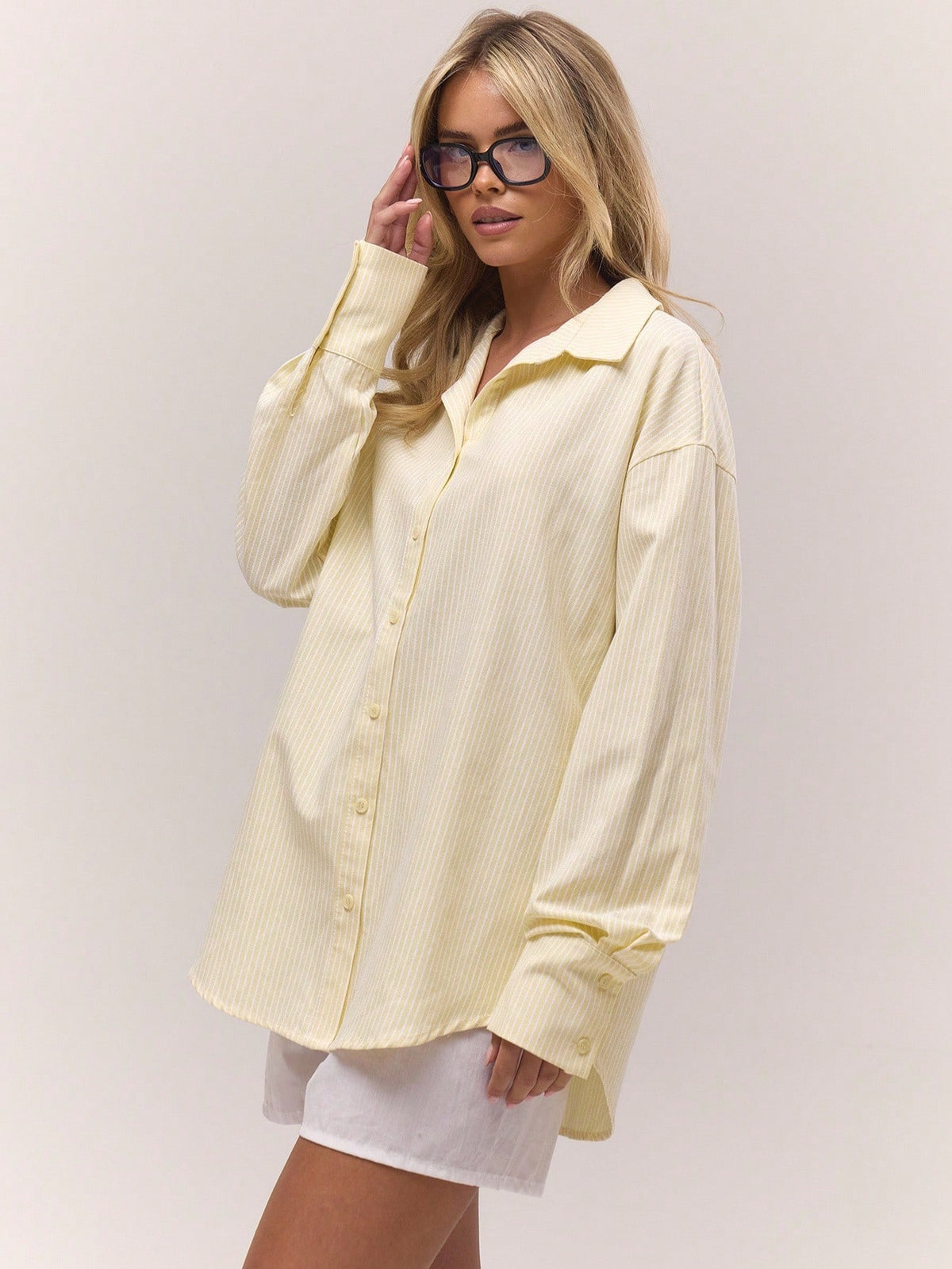 MUSERA Oversized Pinstripe Button Down Long Line Butter Yellow Top Old Money Cute Country Cottage Core Clean Girl Night In Casual Elegant Summer Holiday