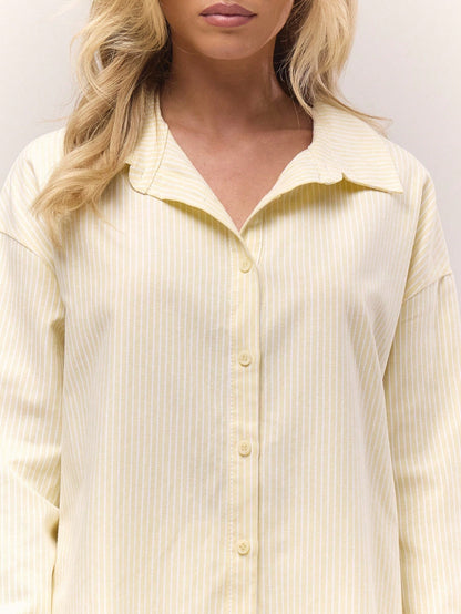 MUSERA Oversized Pinstripe Button Down Long Line Butter Yellow Top Old Money Cute Country Cottage Core Clean Girl Night In Casual Elegant Summer Holiday