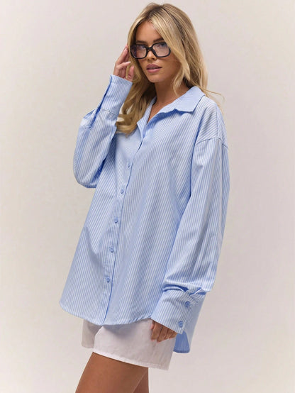 MUSERA Oversized Pinstripe Button Down Long Line Butter Yellow Top Old Money Cute Country Cottage Core Clean Girl Night In Casual Elegant Summer Holiday