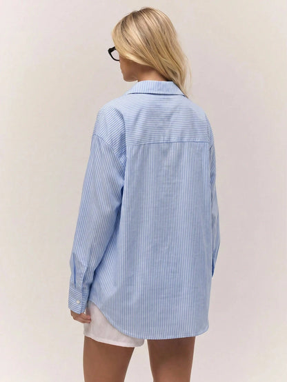 MUSERA Oversized Pinstripe Button Down Long Line Butter Yellow Top Old Money Cute Country Cottage Core Clean Girl Night In Casual Elegant Summer Holiday
