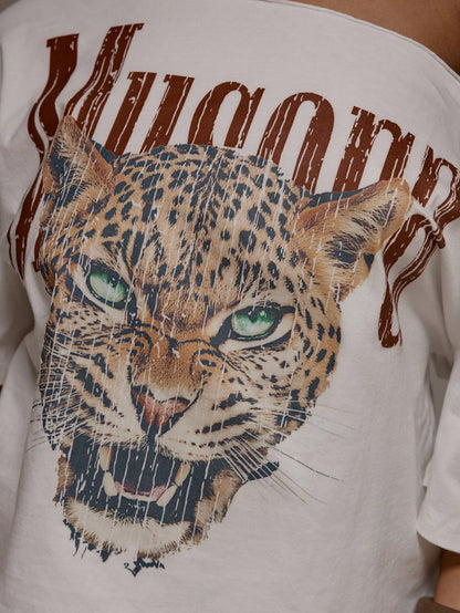 MUSERA Plus Size Off The Shoulder Graphic Leopard Oversized Cropped T-Shirt Cool Girl   Leopard Print Holidays Summer Festival Airport Casual