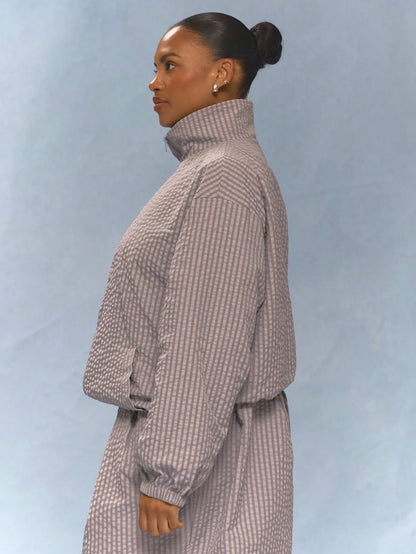 MUSERA Plus Size Striped Funnel Neck Jacket Vacation Holiday Elegant Girly Everyday Cute Soft Social Fall