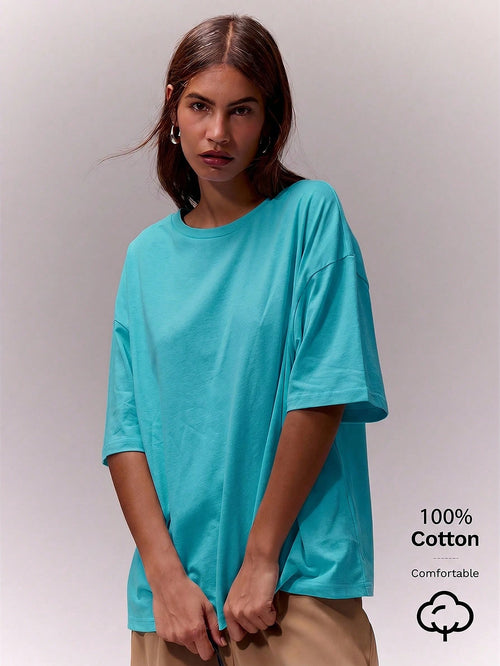 MUSERA Soft Oversized Crew Neck T Shirt Casual Capsule Wardrobe Everyday Oversized Tee Airport Fall Back To School Autumn Winter Teal Blue Lake Blue Aqua