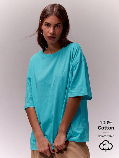 MUSERA Soft Oversized Crew Neck T Shirt Casual Capsule Wardrobe Everyday Oversized Tee Airport Fall Back To School Autumn Winter Teal Blue Lake Blue Aqua