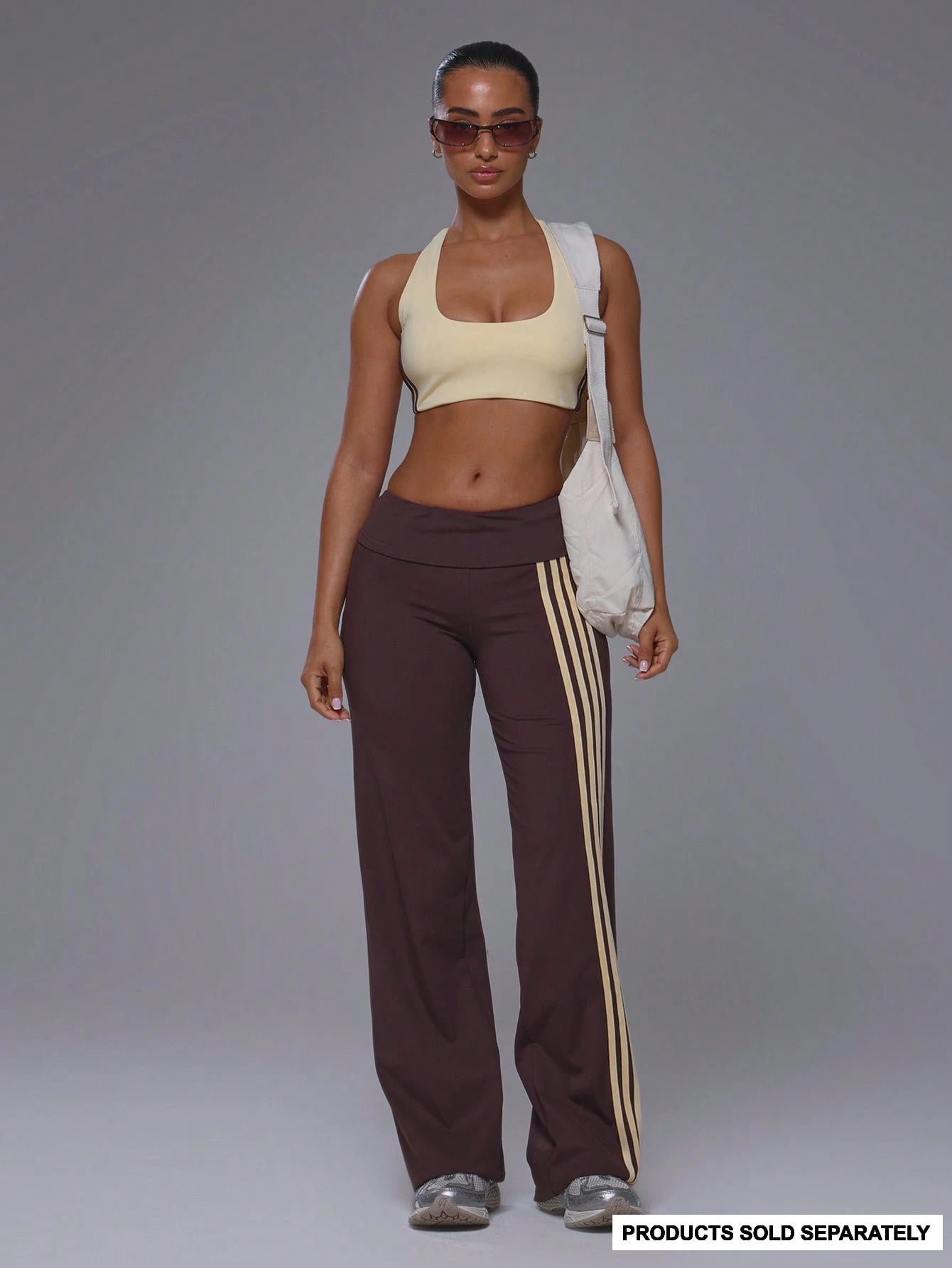 Musera Sport Fold Over Waist 3 Side Stripe Fitted Wide Leg Low Rise Soft Touch Active Trouser Coord Bottoms Only Sport Workout Gym Cute Pilates Fitness Daily