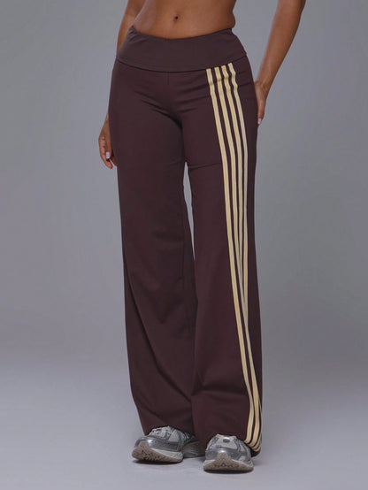 Musera Sport Fold Over Waist 3 Side Stripe Fitted Wide Leg Low Rise Soft Touch Active Trouser Coord Bottoms Only Sport Workout Gym Cute Pilates Fitness Daily