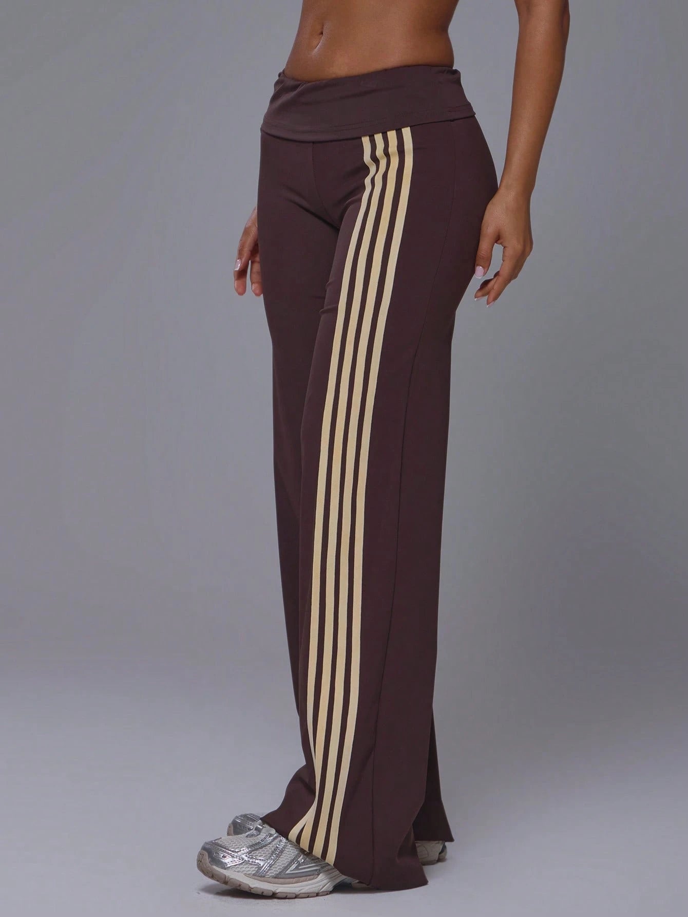 Musera Sport Fold Over Waist 3 Side Stripe Fitted Wide Leg Low Rise Soft Touch Active Trouser Coord Bottoms Only Sport Workout Gym Cute Pilates Fitness Daily