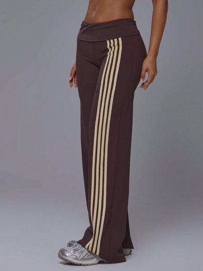 Musera Sport Fold Over Waist 3 Side Stripe Fitted Wide Leg Low Rise Soft Touch Active Trouser Coord Bottoms Only Sport Workout Gym Cute Pilates Fitness Daily