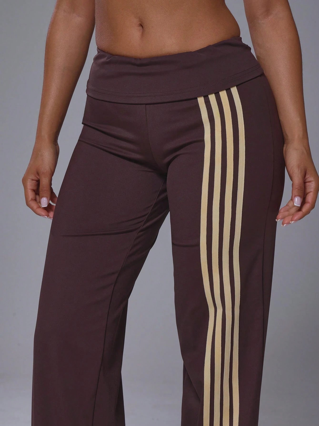 Musera Sport Fold Over Waist 3 Side Stripe Fitted Wide Leg Low Rise Soft Touch Active Trouser Coord Bottoms Only Sport Workout Gym Cute Pilates Fitness Daily