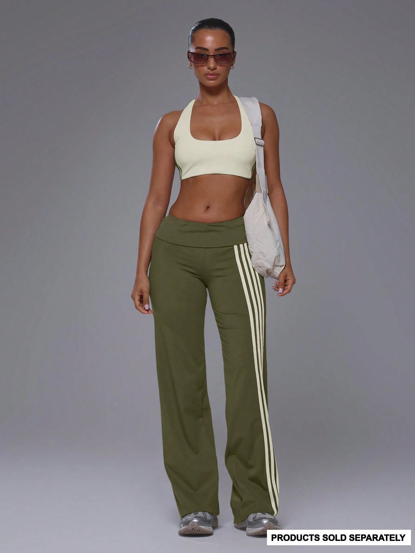 Musera Sport Fold Over Waist 3 Side Stripe Fitted Wide Leg Low Rise Soft Touch Active Trouser Coord Bottoms Only Sport Workout Gym Cute Pilates Fitness Daily