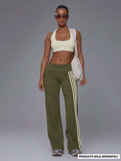 Musera Sport Fold Over Waist 3 Side Stripe Fitted Wide Leg Low Rise Soft Touch Active Trouser Coord Bottoms Only Sport Workout Gym Cute Pilates Fitness Daily