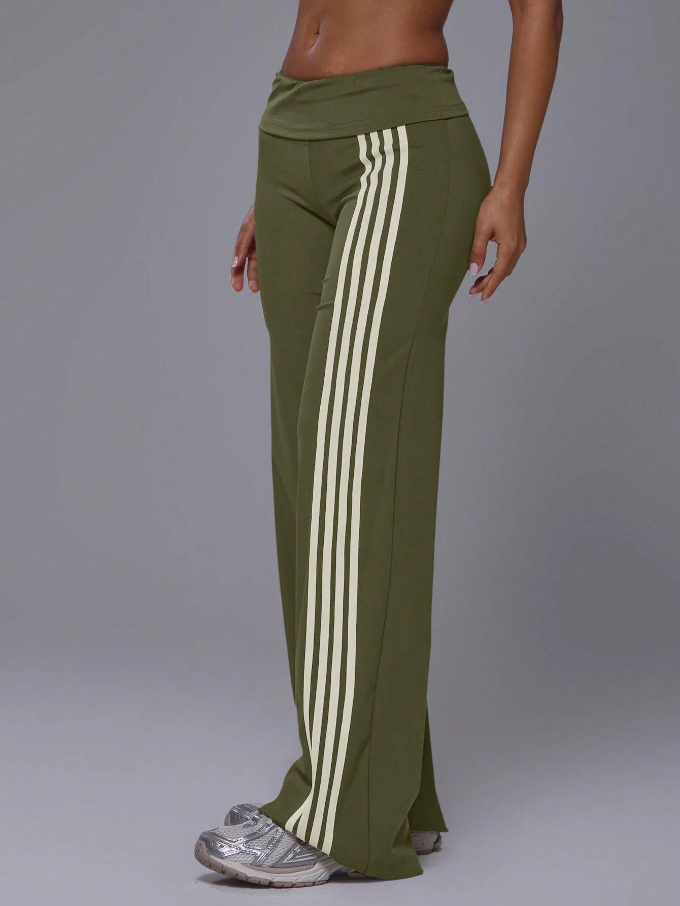Musera Sport Fold Over Waist 3 Side Stripe Fitted Wide Leg Low Rise Soft Touch Active Trouser Coord Bottoms Only Sport Workout Gym Cute Pilates Fitness Daily