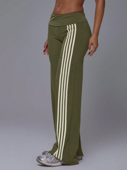 Musera Sport Fold Over Waist 3 Side Stripe Fitted Wide Leg Low Rise Soft Touch Active Trouser Coord Bottoms Only Sport Workout Gym Cute Pilates Fitness Daily