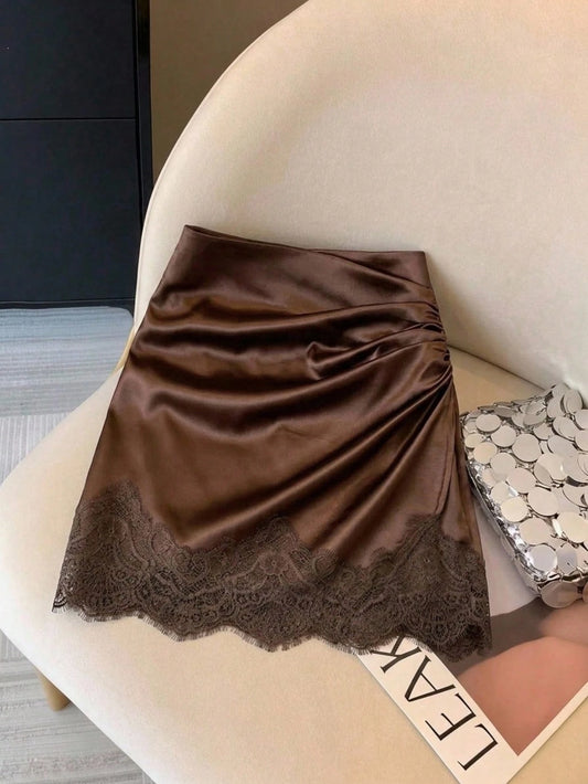 Muvela Women's Elegant Sexy Contrast Lace Pleated Skirt, Autumn Party Brown