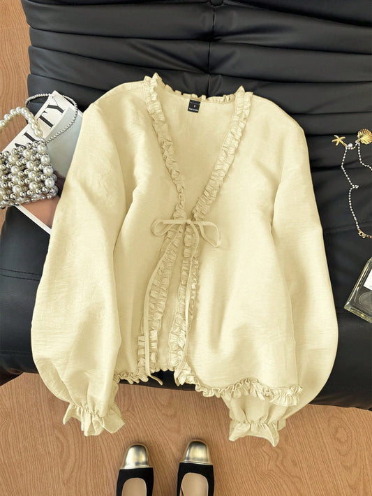 Muvela Women's Solid Color Long Sleeve Frill Trim Front Tie Loose Blouse Elegant