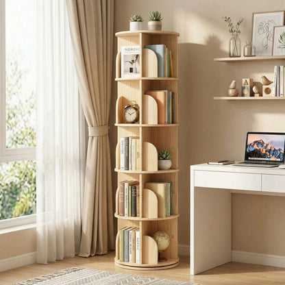 Natural 5 Tier Rotating Bookshelf, 360° Spinning Round Floor Standing Bookcase, Wooden Storage Display Shelf For Bedroom, Living Room & Home Office