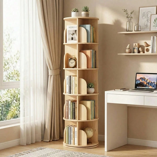 Natural 5 Tier Rotating Bookshelf, 360° Spinning Round Floor Standing Bookcase, Wooden Storage Display Shelf For Bedroom, Living Room & Home Office