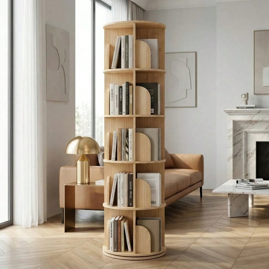 Natural 5 Tier Rotating Bookshelf, 360° Spinning Round Floor Standing Bookcase, Wooden Storage Display Shelf For Bedroom, Living Room & Home Office