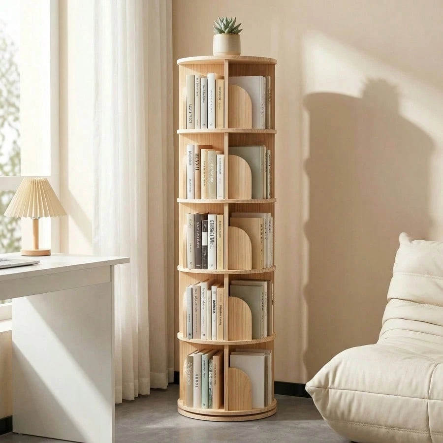Natural 5 Tier Rotating Bookshelf, 360° Spinning Round Floor Standing Bookcase, Wooden Storage Display Shelf For Bedroom, Living Room & Home Office