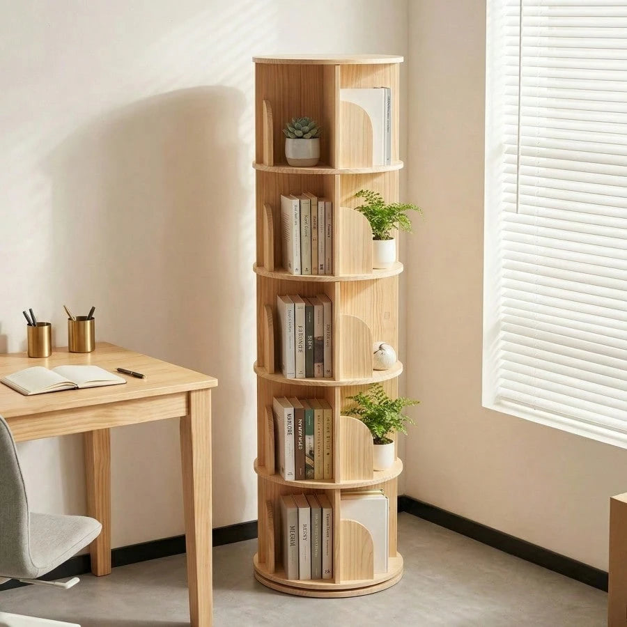 Natural 5 Tier Rotating Bookshelf, 360° Spinning Round Floor Standing Bookcase, Wooden Storage Display Shelf For Bedroom, Living Room & Home Office