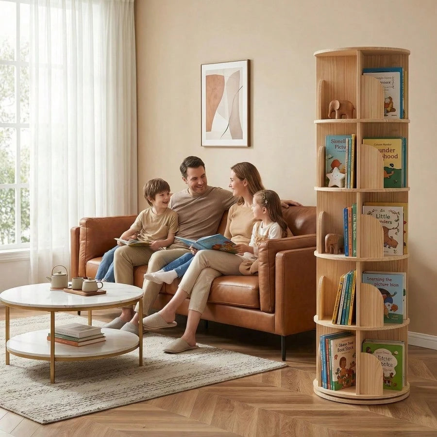 Natural 5 Tier Rotating Bookshelf, 360° Spinning Round Floor Standing Bookcase, Wooden Storage Display Shelf For Bedroom, Living Room & Home Office