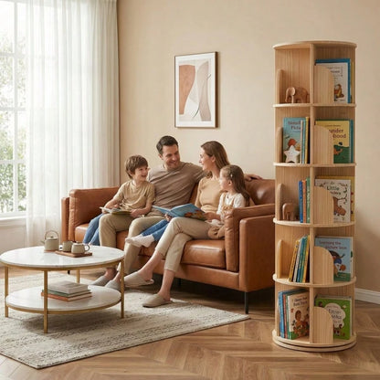 Natural 5 Tier Rotating Bookshelf, 360° Spinning Round Floor Standing Bookcase, Wooden Storage Display Shelf For Bedroom, Living Room & Home Office