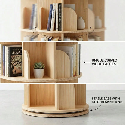 Natural 5 Tier Rotating Bookshelf, 360° Spinning Round Floor Standing Bookcase, Wooden Storage Display Shelf For Bedroom, Living Room & Home Office