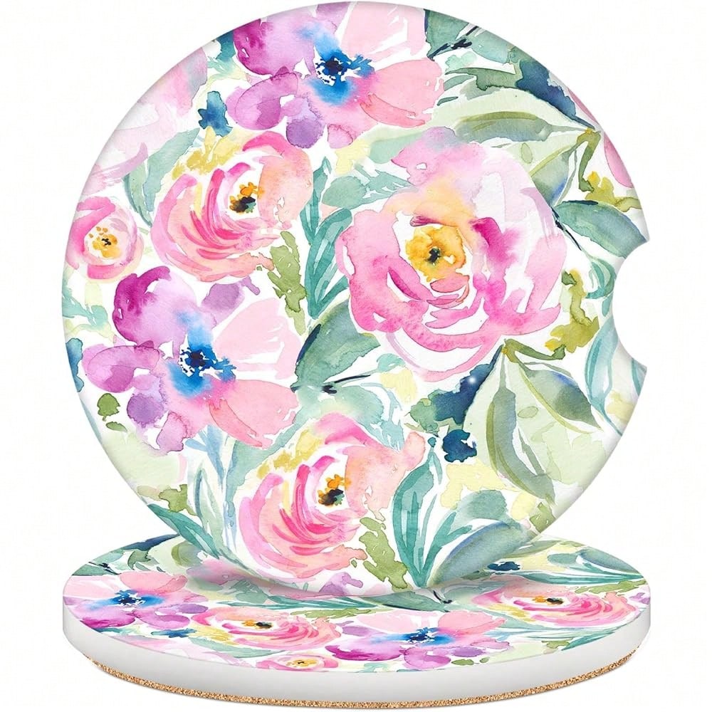 NEW- 2 Pack Car Coasters For Cup Holders, 2.56" Universal Absorbent Ceramic Stone Car Cup Holder Coasters With Non-Slip Cork Base, Car Interior Accessories For Women Men( Peony Floral)