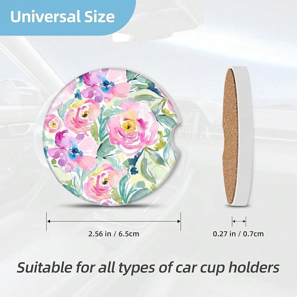 NEW- 2 Pack Car Coasters For Cup Holders, 2.56" Universal Absorbent Ceramic Stone Car Cup Holder Coasters With Non-Slip Cork Base, Car Interior Accessories For Women Men( Peony Floral)