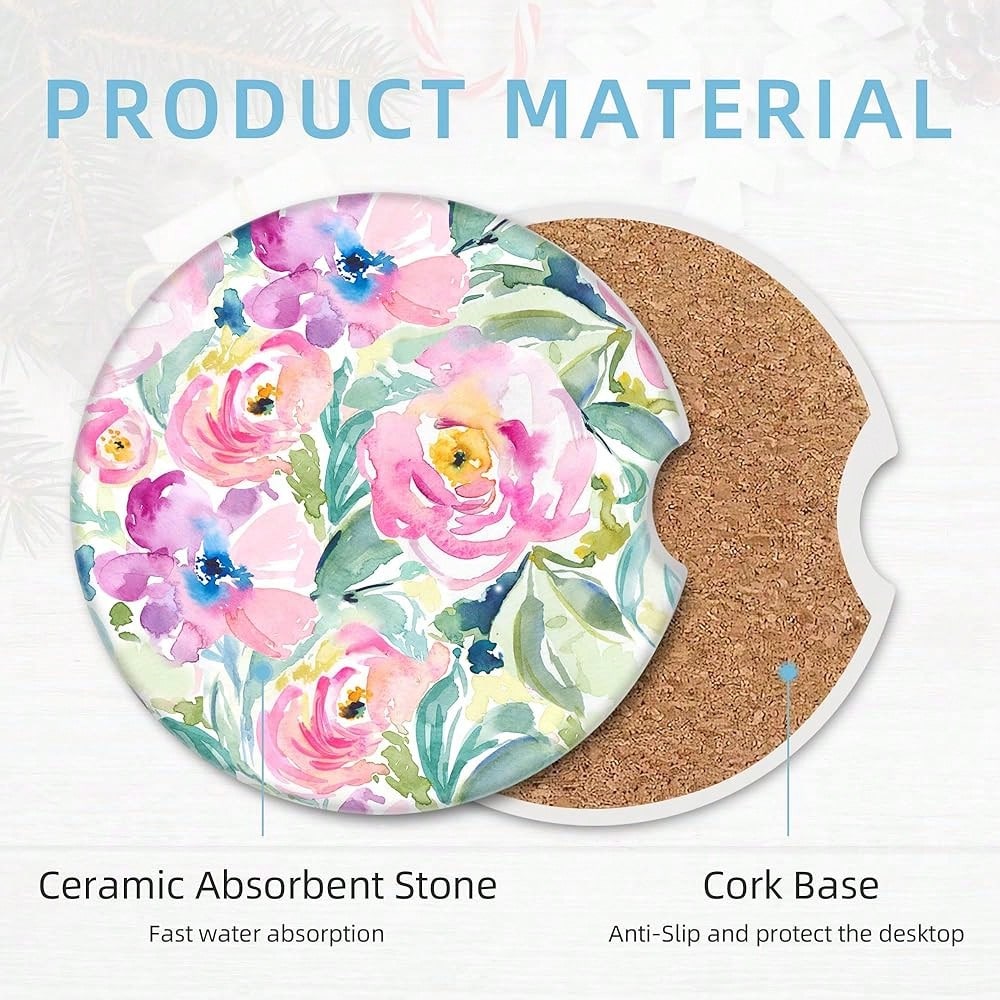NEW- 2 Pack Car Coasters For Cup Holders, 2.56" Universal Absorbent Ceramic Stone Car Cup Holder Coasters With Non-Slip Cork Base, Car Interior Accessories For Women Men( Peony Floral)