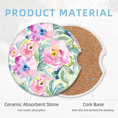NEW- 2 Pack Car Coasters For Cup Holders, 2.56" Universal Absorbent Ceramic Stone Car Cup Holder Coasters With Non-Slip Cork Base, Car Interior Accessories For Women Men( Peony Floral)