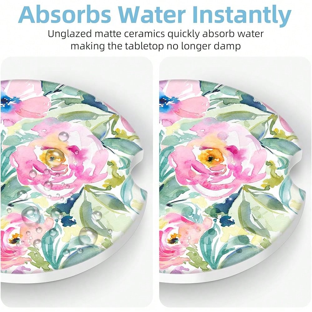 NEW- 2 Pack Car Coasters For Cup Holders, 2.56" Universal Absorbent Ceramic Stone Car Cup Holder Coasters With Non-Slip Cork Base, Car Interior Accessories For Women Men( Peony Floral)