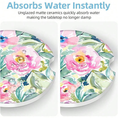 NEW- 2 Pack Car Coasters For Cup Holders, 2.56" Universal Absorbent Ceramic Stone Car Cup Holder Coasters With Non-Slip Cork Base, Car Interior Accessories For Women Men( Peony Floral)