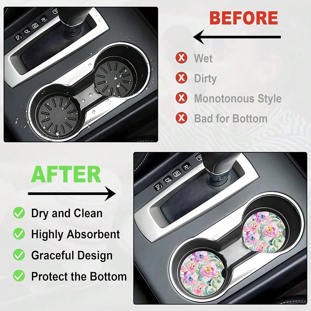 NEW- 2 Pack Car Coasters For Cup Holders, 2.56" Universal Absorbent Ceramic Stone Car Cup Holder Coasters With Non-Slip Cork Base, Car Interior Accessories For Women Men( Peony Floral)