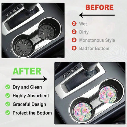 NEW- 2 Pack Car Coasters For Cup Holders, 2.56" Universal Absorbent Ceramic Stone Car Cup Holder Coasters With Non-Slip Cork Base, Car Interior Accessories For Women Men( Peony Floral)