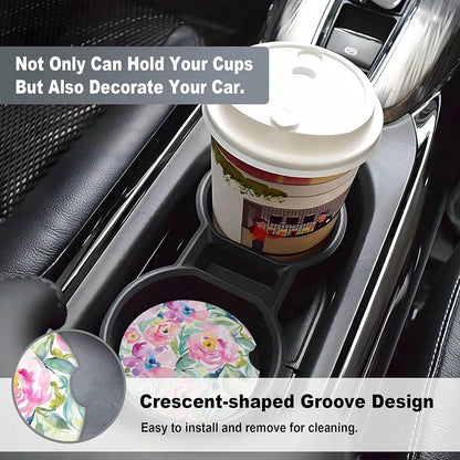 NEW- 2 Pack Car Coasters For Cup Holders, 2.56" Universal Absorbent Ceramic Stone Car Cup Holder Coasters With Non-Slip Cork Base, Car Interior Accessories For Women Men( Peony Floral)