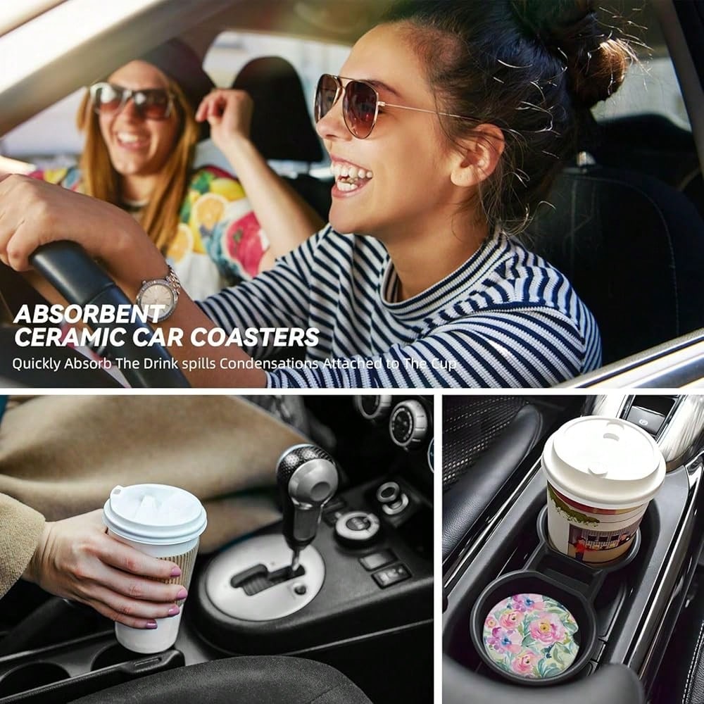 NEW- 2 Pack Car Coasters For Cup Holders, 2.56" Universal Absorbent Ceramic Stone Car Cup Holder Coasters With Non-Slip Cork Base, Car Interior Accessories For Women Men( Peony Floral)