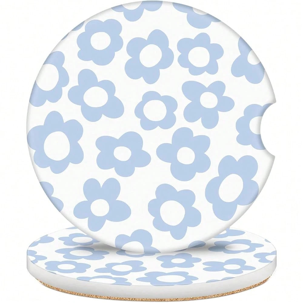 NEW- 2 Pack Car Coasters For Cup Holders, 2.56" Universal Absorbent Ceramic Stone Car Cup Holder Coasters With Non-Slip Cork Base, Car Interior Accessories For Women Men( Peony Floral)