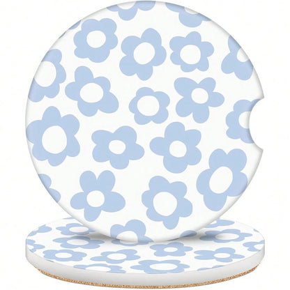 NEW- 2 Pack Car Coasters For Cup Holders, 2.56" Universal Absorbent Ceramic Stone Car Cup Holder Coasters With Non-Slip Cork Base, Car Interior Accessories For Women Men( Peony Floral)
