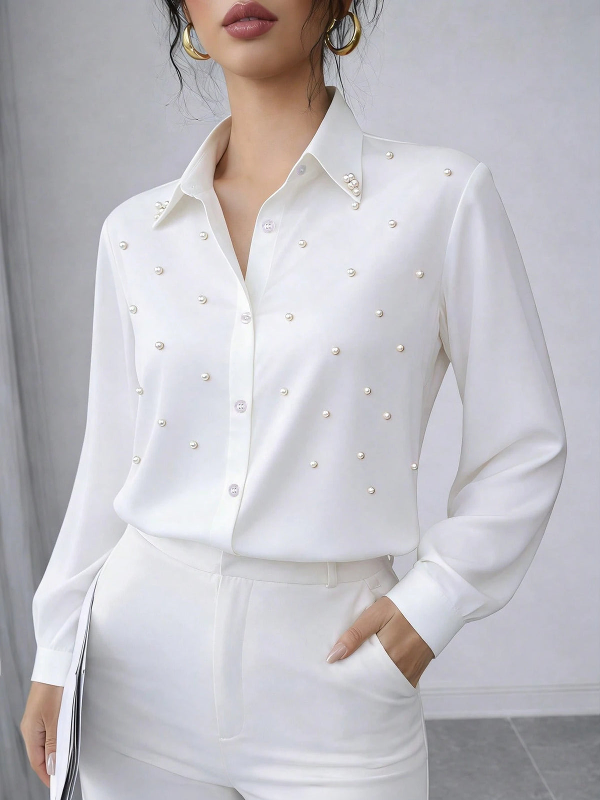 New Arrival Fashion Women's Casual Versatile Faux Pearl & Button Embellished Blouse White