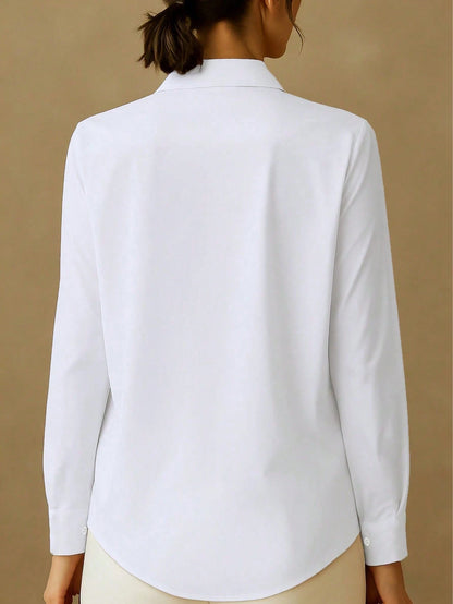 New Arrival Fashion Women's Casual Versatile Faux Pearl & Button Embellished Blouse White
