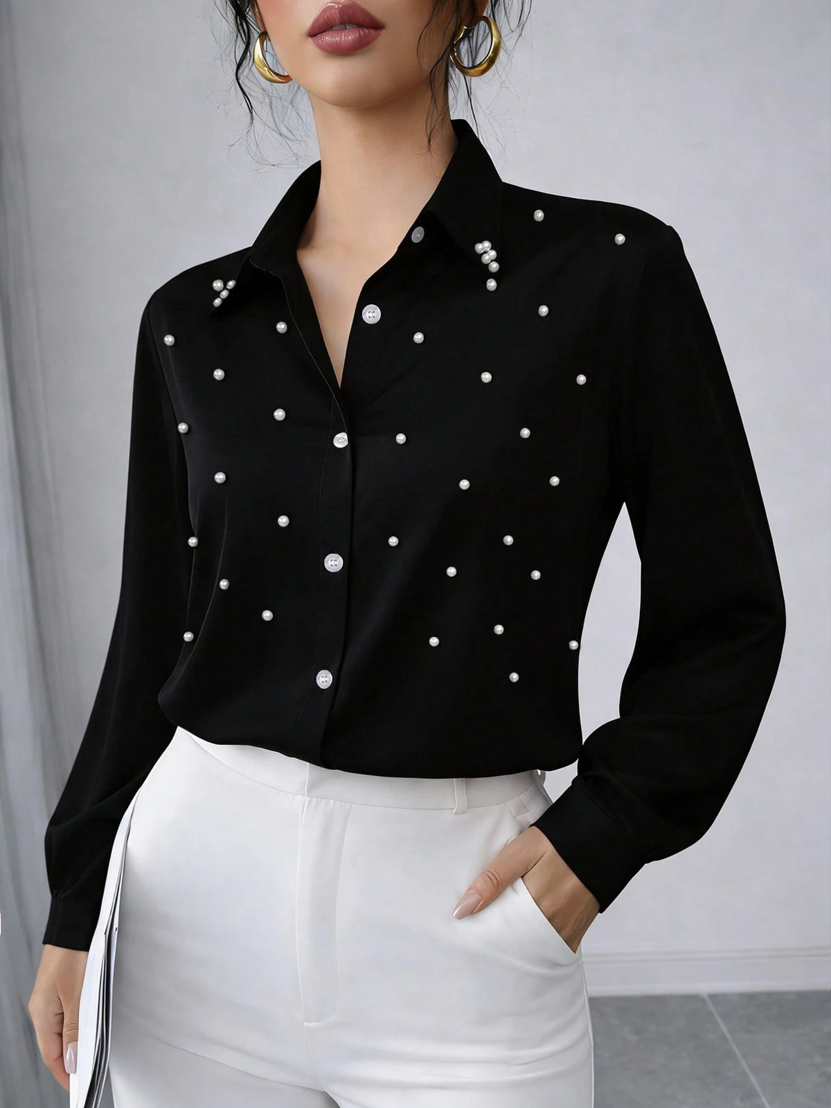 New Arrival Fashion Women's Casual Versatile Faux Pearl & Button Embellished Blouse White